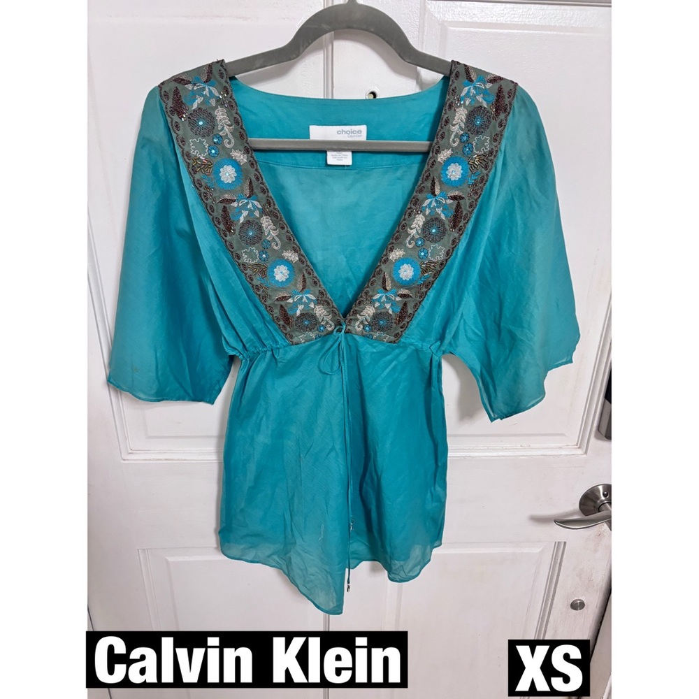 Calvin Klein Cotton Turquoise Embroidered Beaded V Neck Tunic